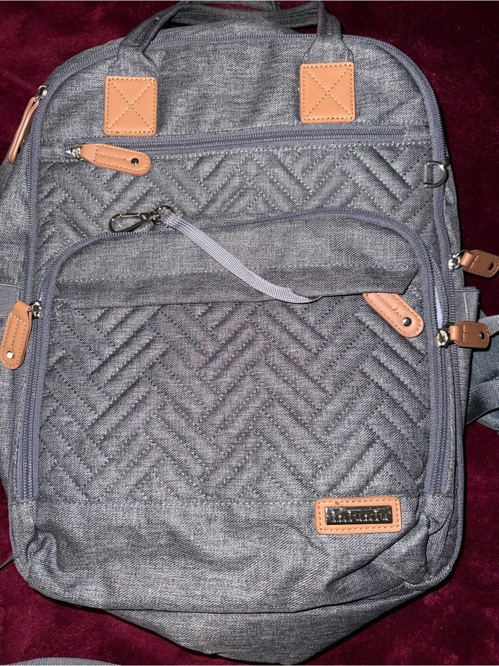 Gray Quilted Men's Backpack with Tan Accents